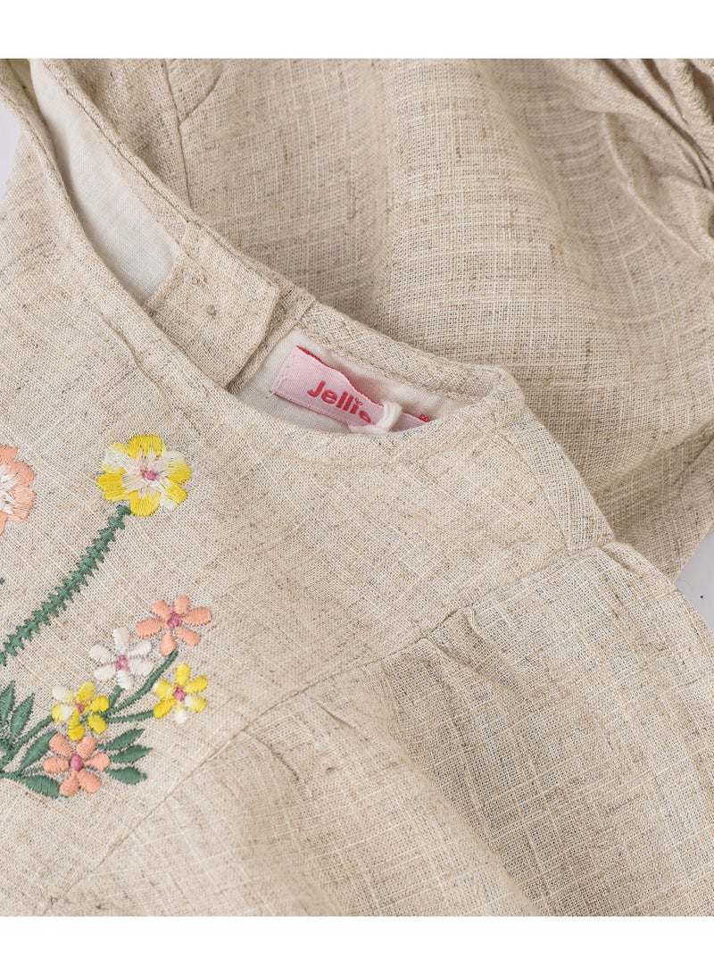 Jelliene Girls Beige Linen Blend Puff Sleeve Embroidered Dress - Image 4